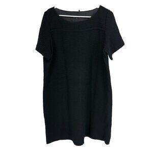 Eileen Fisher Women XL Waffle Knit Dress Knee Length Solid Black Short Sleeve